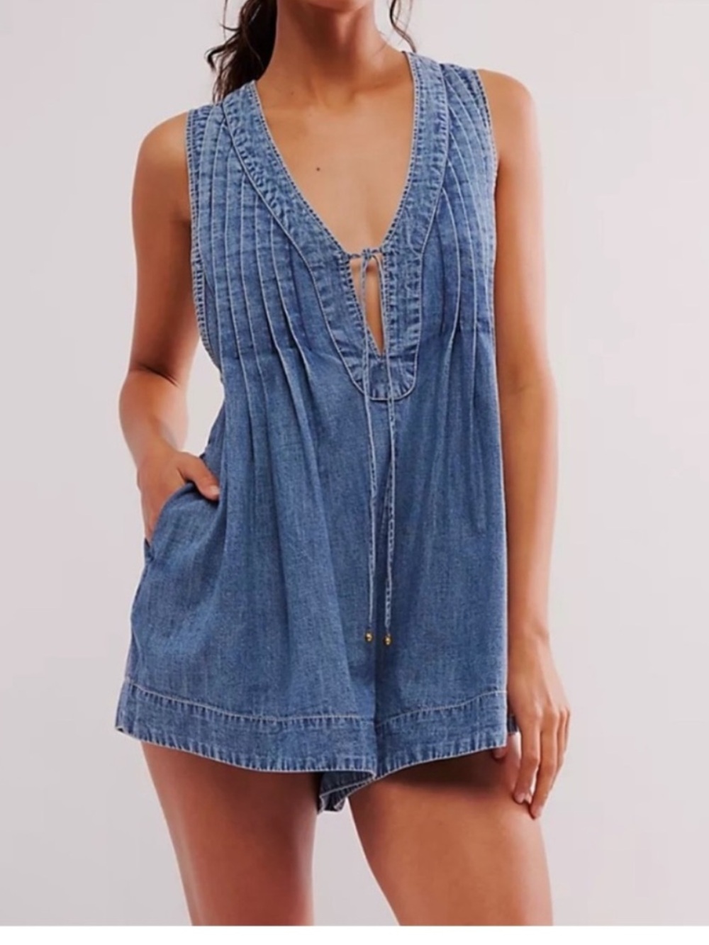Free People Webster Denim Romper Falling Rain Wash L - Picture 3 of 5